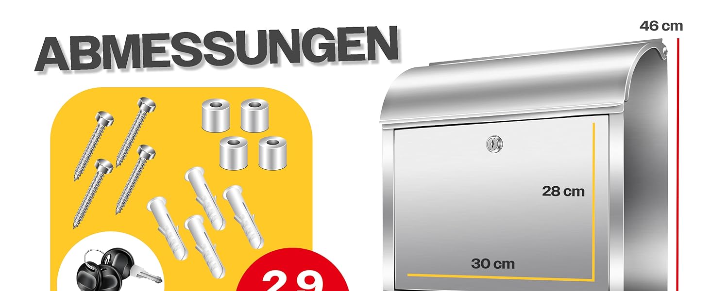 Поштовий ящик настінний KESSER® XXL нержавіюча сталь срібний з газетницею, замок + 3 ключі, вологостійкий, порошкове покриття