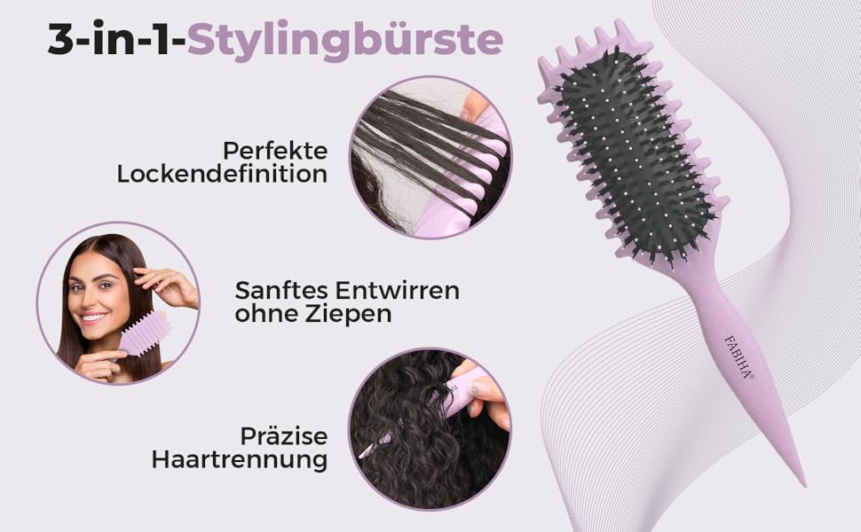 Преміум щітка для волосся Lockenbürste - для кучерявого волосся, біо-щітка без заплутування, щетина дикого кабана, оригінальна 3-в-1 стилінг-щітка для модних кучерявих зачісок (Ліловий)
