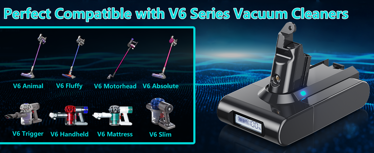 Запасний акумулятор 8000mAh V6 з LCD-дисплеєм для пилососів Dyson V6 DC58, DC59, DC61, DC62, DC72, DC74, SV03, SV05, SV06, SV07, SV09 (з 2 фільтрами)