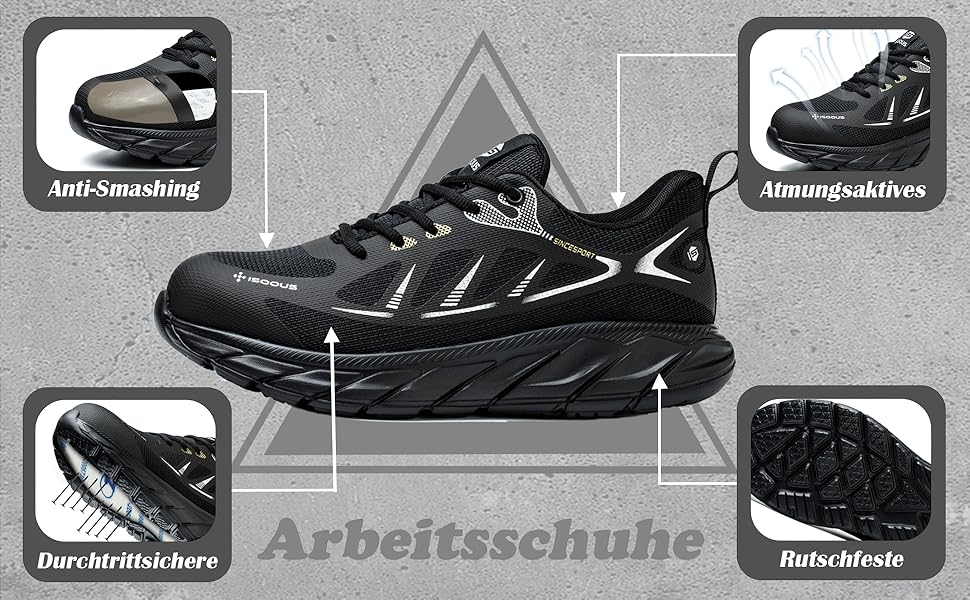 Черевики робочі чоловічі/жіночі ISOOUS з металевим підноском, спортивні, антиковзаючі, дихаючі, чорні, 45 EU