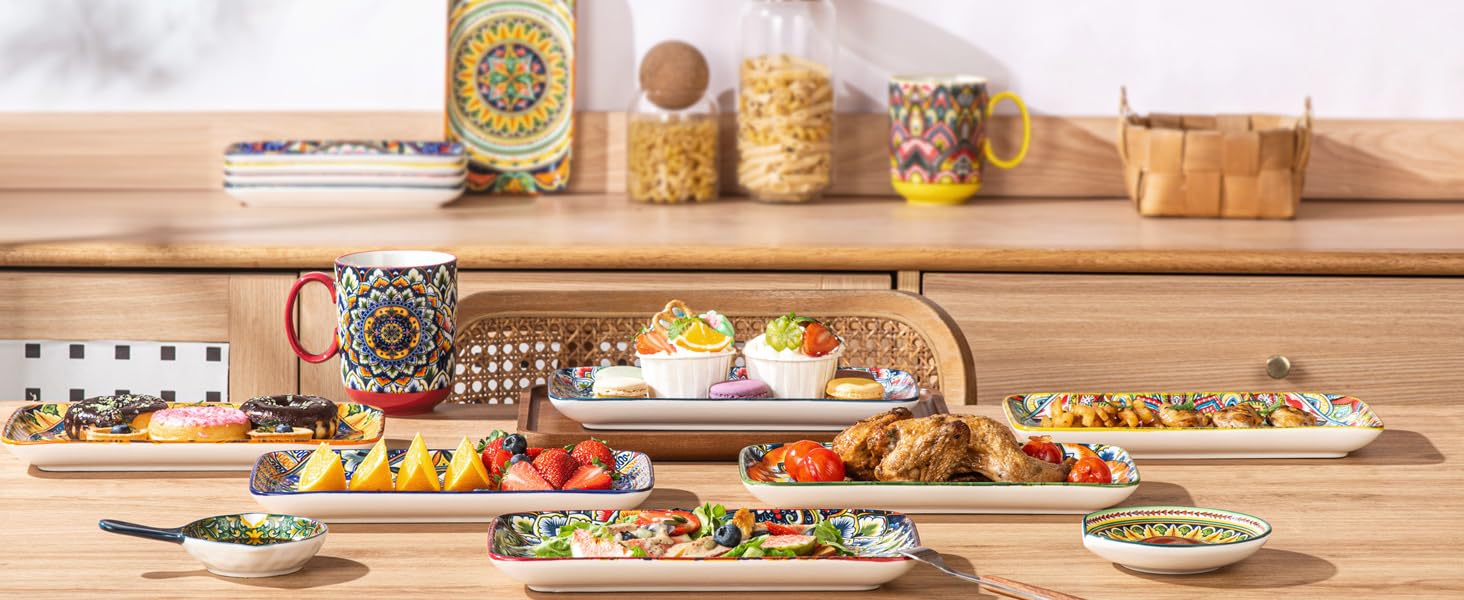 Набір сервірувальних тарілок Henten Home (6 шт.) - прямокутна форма, 25.5 см - для закусок, суші, фруктів, салатів, десертів - безпечно в мікрохвильовці, духовці, посудомийній машині - багатобарвний