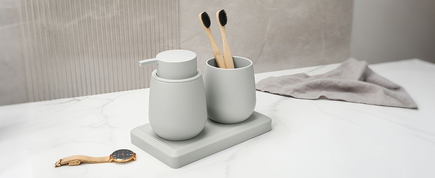 Сучасний набір для ванної кімнати AJEUNGAIN сірого кольору: мильниця, стакан для зубної пасти, піднос. Організатор для ванної кімнати (сірий). 3 шт.