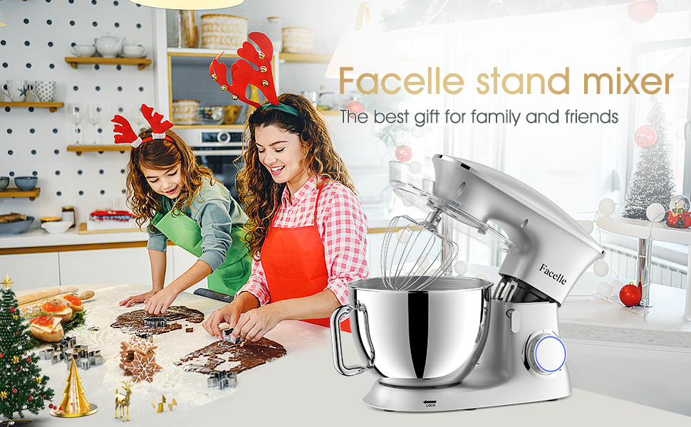 Facelle 2000W 8.5L Stand Mixer - Heavy Duty Dough & Bread Machine with Whisk, Dough Hook, Beater & Splash Guard for Baking Cakes, Cookies & Kneading - 6+ Speed (Silver)
