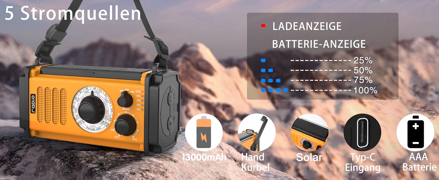 Радіоприймач на сонячній батареї та з ручним генератором 13000mAh, AM/FM, USB-зарядка, ліхтар 800LM, компас, SOS-сигнал, помаранчевий | Аварійний комплект для виживання