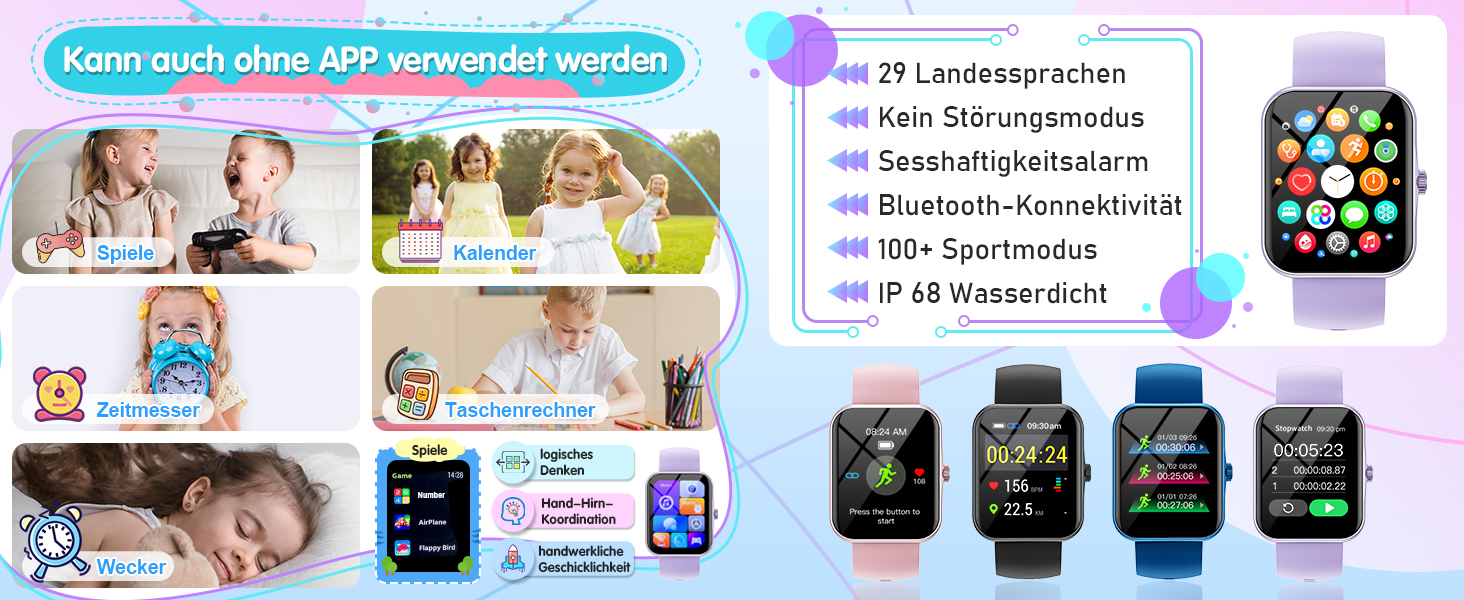 Дитячий розумний годинник Kinder Sport Fitness для дівчаток та хлопчиків з крокомером, 100+ спортивних режимів, будильником, іграми, секундоміром, повідомленнями, активним трекером для підлітків 5-16 років, чорний