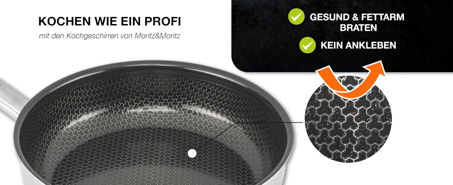 Сковорода Moritz & Moritz антипригарна 28 см індукційна з керамічним покриттям та стільниковою структурою. Нержавіюча сталь, високі борти, для всіх плит (газ, електро, індукція). Без кришки, діаметр 28 см