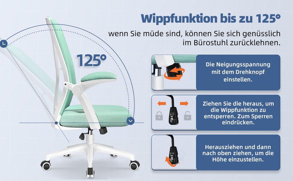 Офісне крісло Hinode з підйомними підлокітниками, функцією гойдання, поворотне на 360°, регульоване по висоті, ергономічне крісло для дому та офісу з дихаючою сіткою, до 150 кг (Блакитно-зелене, Стиль 1)