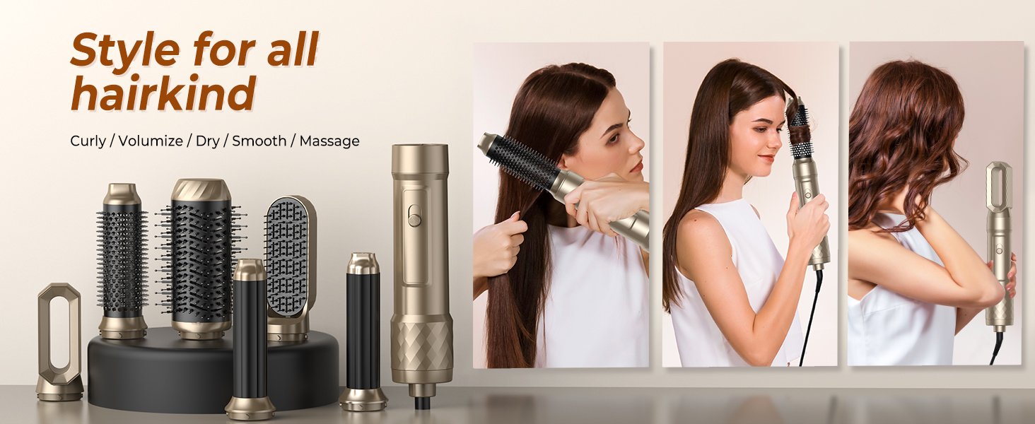 Набір Airstyler Warmluftbürste 6 в 1: фен, круглі щітки, браш, локони, випрямляч, золото