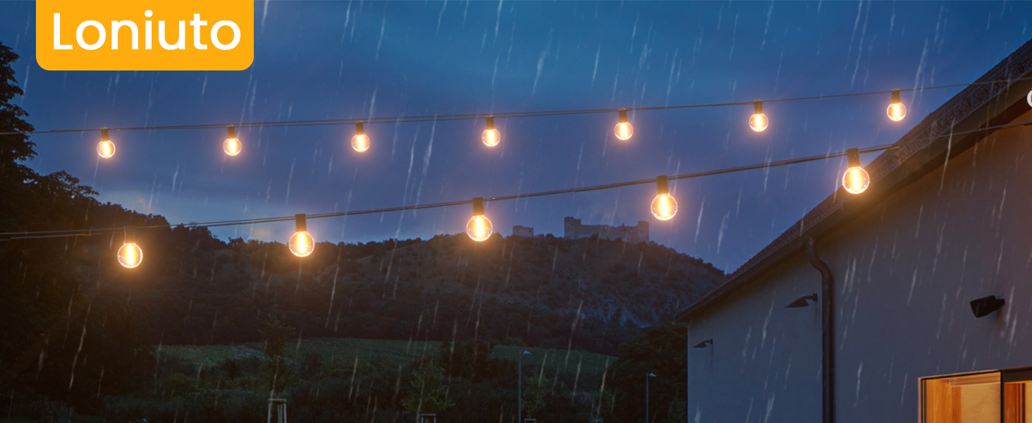 Ланцюжок прикрас для вулиці на електромережі 15М з 25+2 G40 LED лампами. Водостійкий IP65, тепле біле світло 2700K. Для саду, тераси, святкування. Чорний колір.