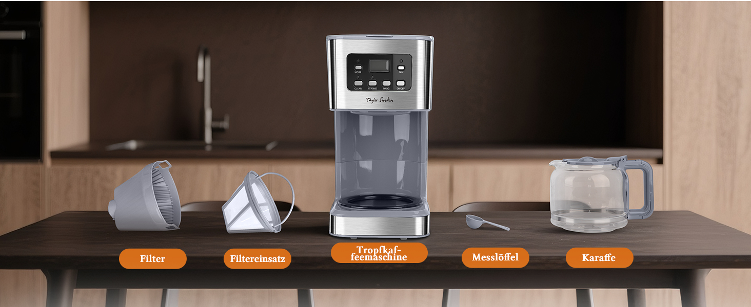 Кавомашина Taylor Swoden Darcy 950W з таймером, 1.5L, 12 чашок, автоматичне відключення, система захисту від протікання, багаторазовий фільтр, BPA-free, сірий (2 шт.)