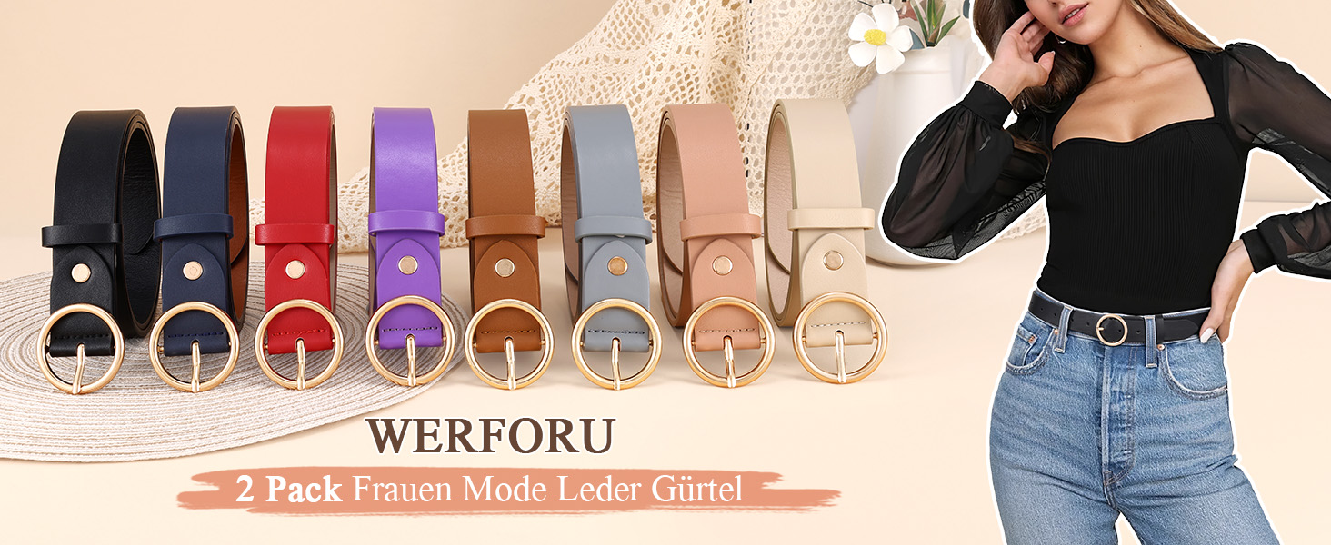 Жіночі шкіряні ремені WERFORU (2 шт.) для джинсів та штанів, з золотою пряжкою O-Ring, чорний+коричневий, розмір талії 65-75 см