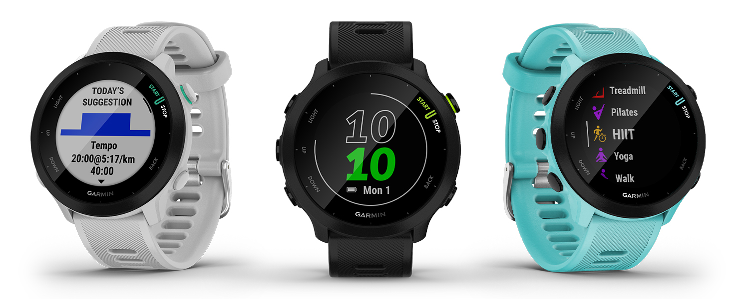 Garmin Forerunner 55 – GPS-годинник для бігу з кольоровим дисплеєм, що завжди активний, щоденними рекомендаціями для тренувань, прогнозом часу пробіжки, спортивними додатками, чорного кольору та з акумулятором до 14 днів. Single