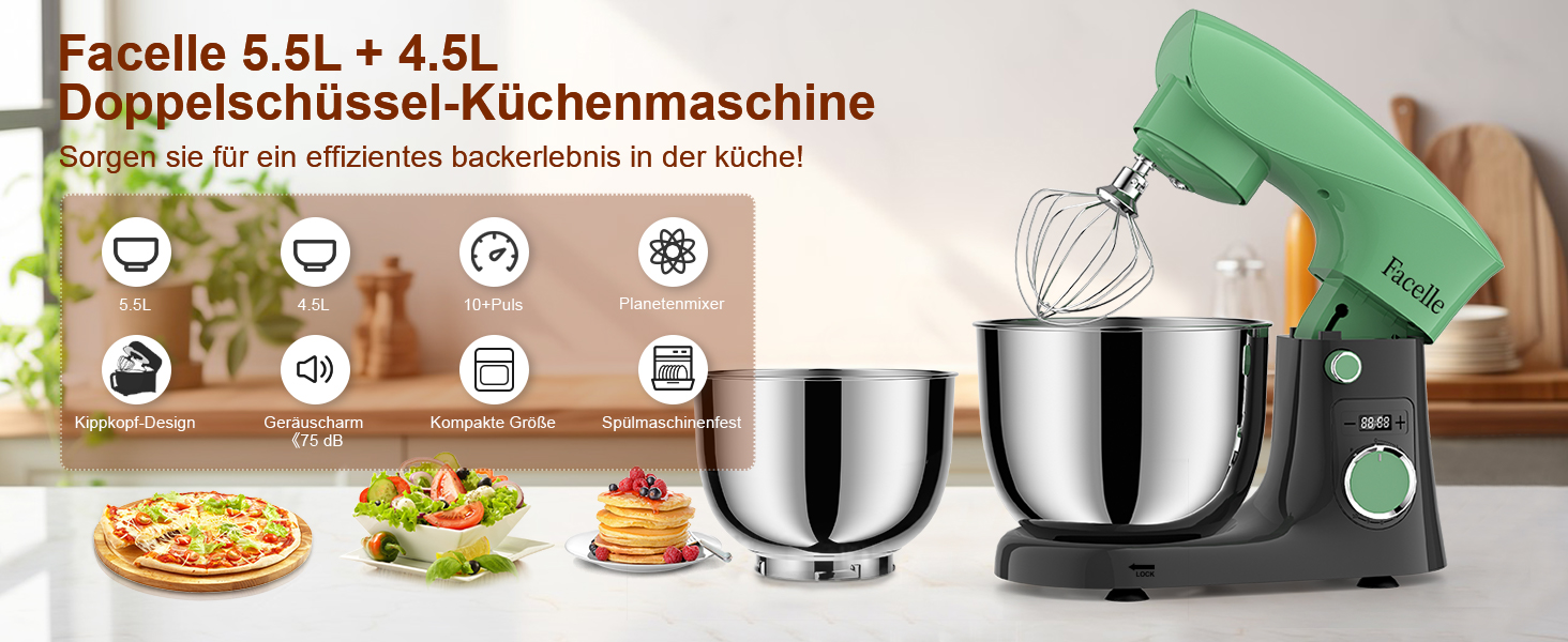 Кухонна машина/міксер Facelle 1500W з 5.5L та 4.5L чашами, 10+ програм, тиха робота, з набором насадок (зелено-сірий)