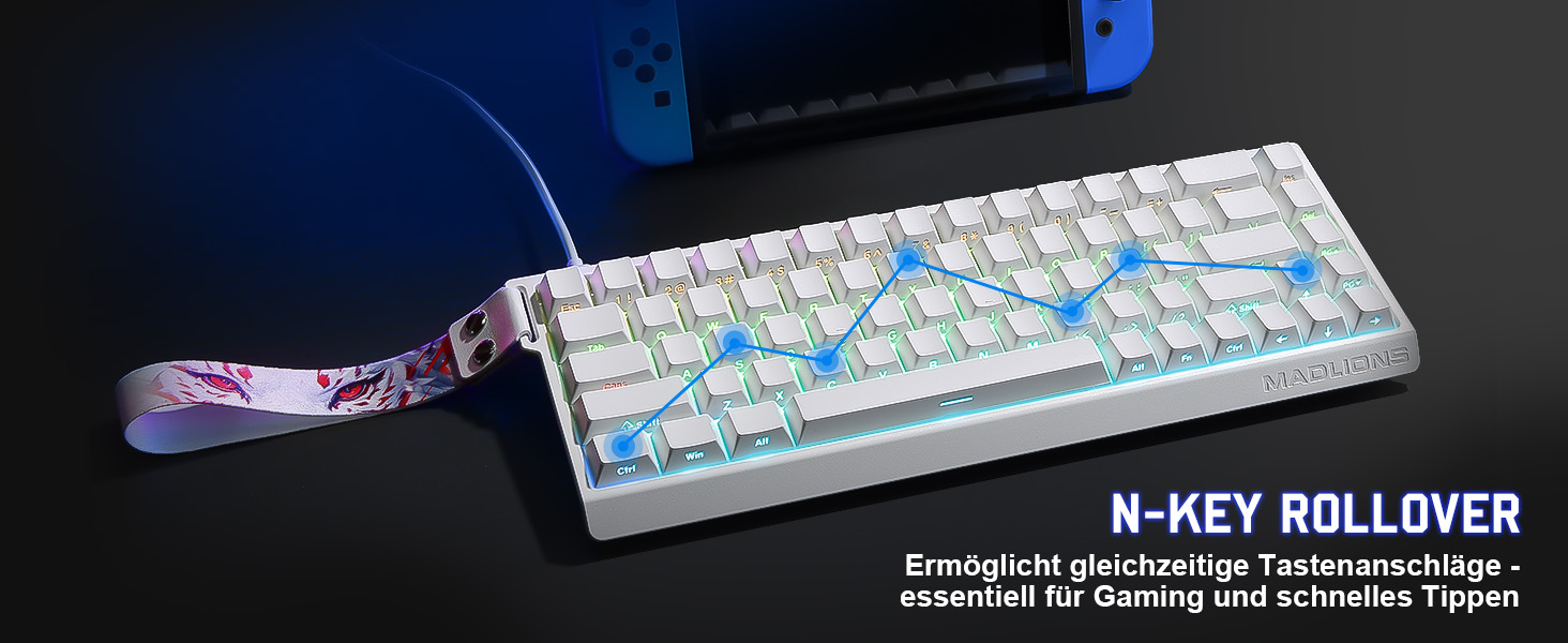 Механічна ігрова клавіатура YUNZII MADLIONS MAD68 з провідним підключенням, 60% розмір, Hall Effect перемикачі, регульована чутливість, PBT клавіші, RGB підсвічування, 8K polling rate (біла, перемикач Magnetic Amber Pro)