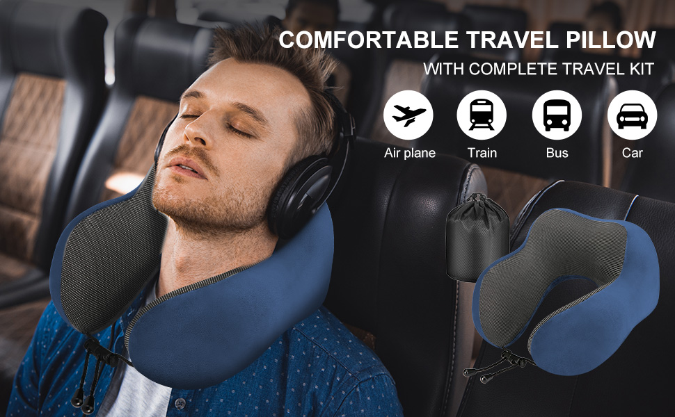 Подушка для шиї Eono з піною Memory Foam, ергономічна, для подорожей, з маскою для сну та навушниками, сумка, темно-синій