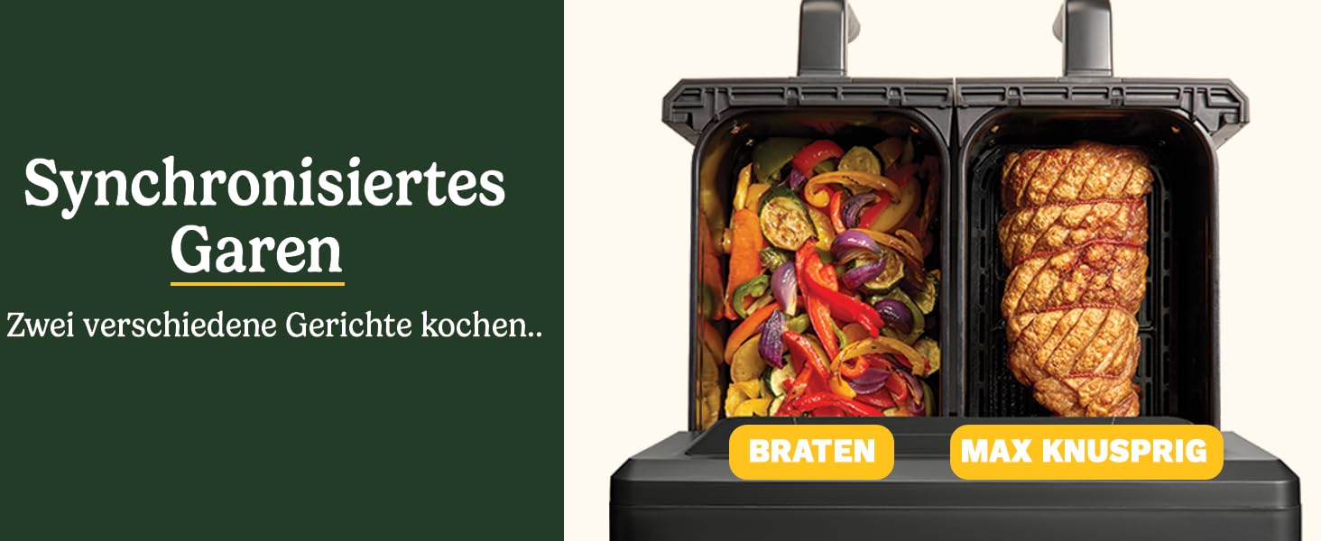 Фритюрниця Cuisinart XXL 10.4L з двома зонами, без PFAS та хімікатів, для смаження, гриля, випікання, дегідратації та підтримання тепла, 2 камери (2 x 5.2L), 8+ порцій, знімні деталі придатні для миття в посудомийній машині, чорний колір