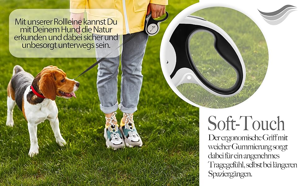 Рулетка для собак середніх та великих (до 50 кг) з відбиваючими смугами, надійний гальмо, поворотний карабін, нейлоновий ремінь, ергономічна ручка, розмір L