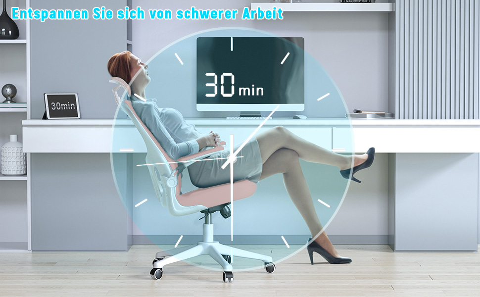 Офісний стіл Rattantree: ергономічний крісло з підтримкою попереку, регульовані підлокітники, регулювання висоти, поворотне крісло з дихаючою спинкою для офісу/кабінету (рожевий, з підголовником)