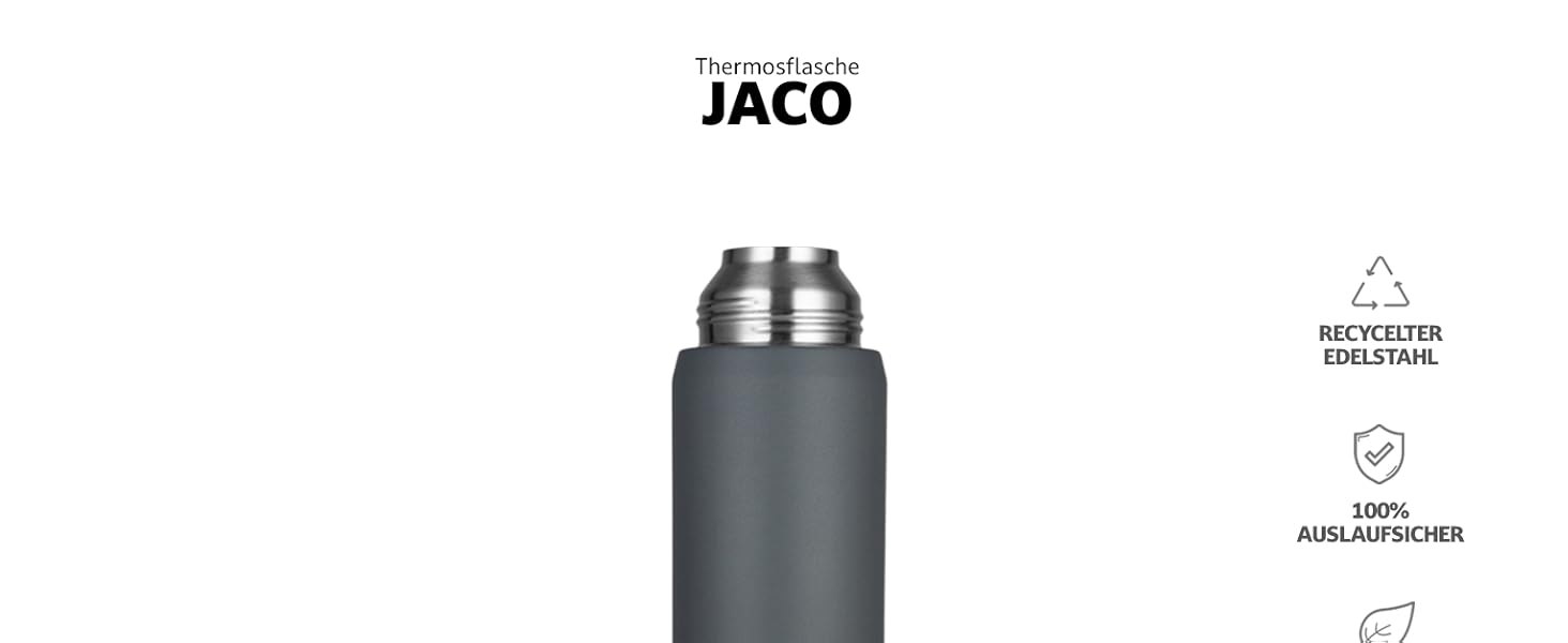 Термос Jaco з чашкою, 1 л, 750 мл, 500 мл – ізольована термокружка з подвійними стінками, 100% герметична, з переробленої нержавіючої сталі, зберігає тепло до 24 годин