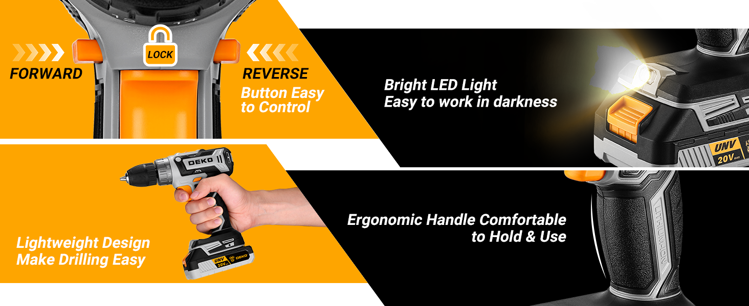 Акумуляторний шуруповерт DEKOPRO 20V 40 Nm: комплект з 2 акумуляторами, LED, 18+1 момент, для дому та DIY, сірий