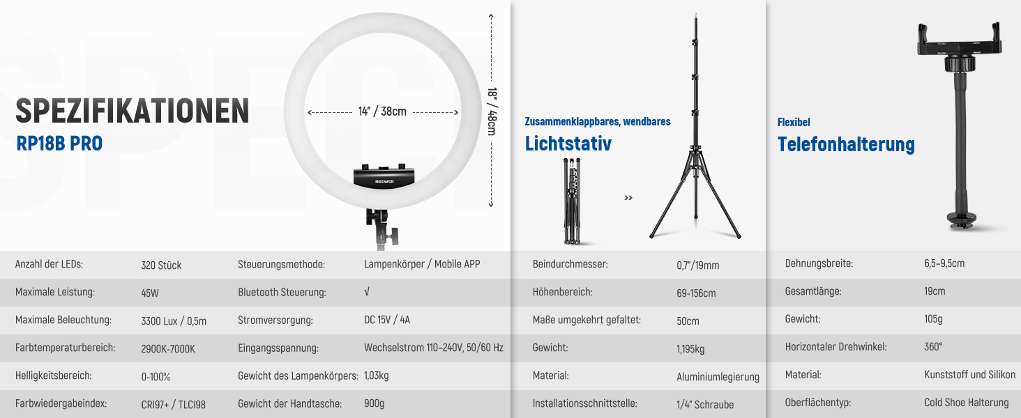 NEEWER Комплект кільцевого світла для фото та відео: 48 см, 52 Вт, регульоване LED світло, штатив, Bluetooth, для смартфона, YouTube, селфі (RP18B Pro)