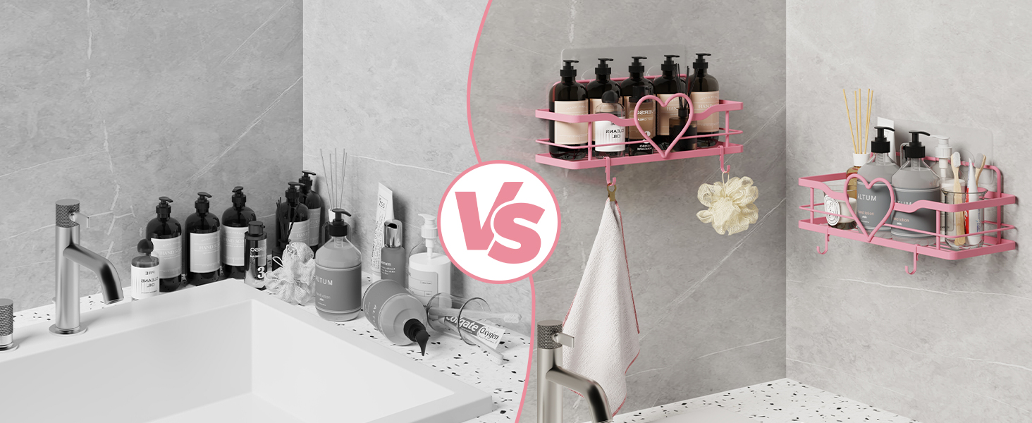 Двостороння поличка для душу без свердління, рожева, з 4 гачками, 11.5 см - органайзер для шампуню та мила