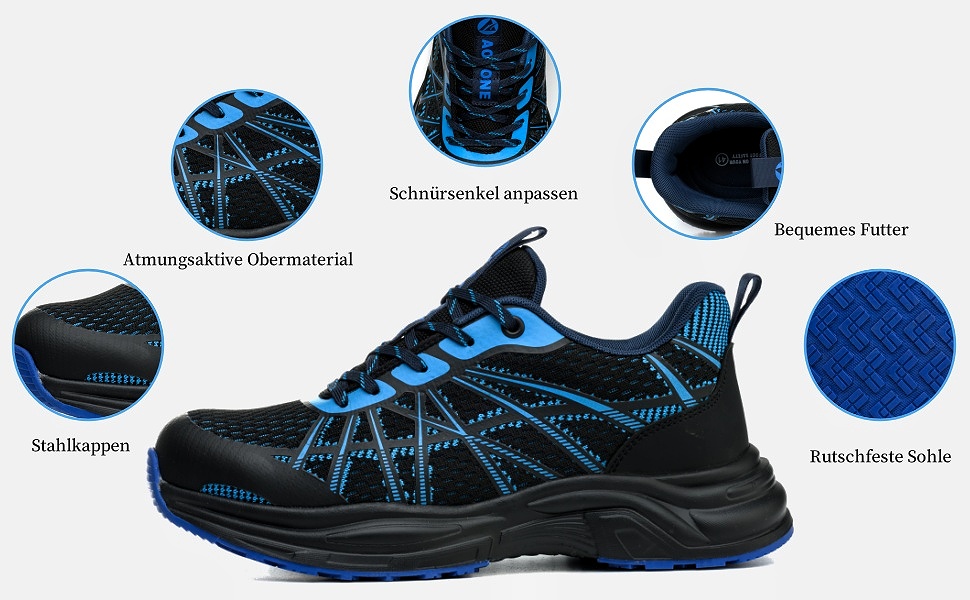 Черевики безпеки для чоловіків та жінок. Легкі спортивні робочі черевики з металевим носком, неслизькі, дихаючі. Розмір 44 EU, синій.