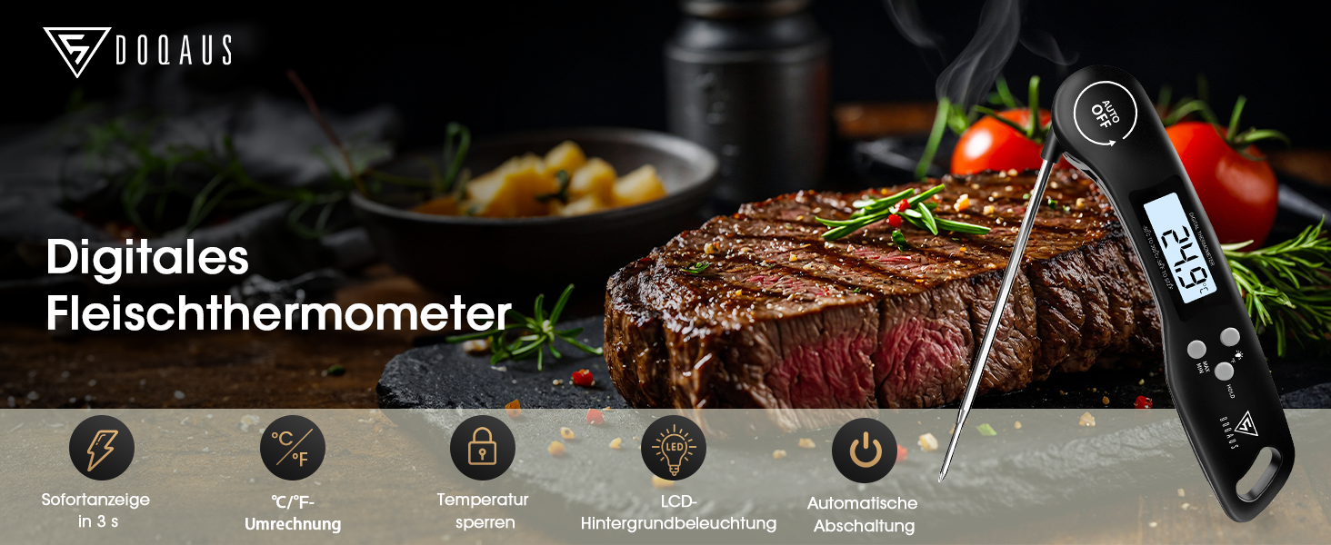 Цифровий термометр для м'яса DOQAUS: гриль, приготування їжі, кухня. Швидке зчитування, довга сонда, LCD-дисплей.