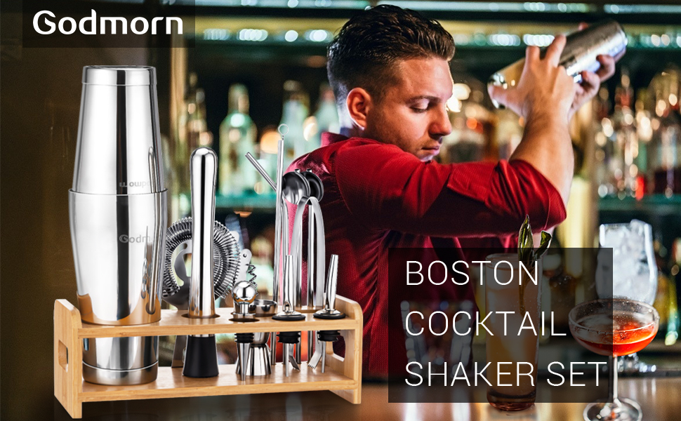 Набір для коктейлів Boston Cocktail Shaker Set 16 предметів з нержавіючої сталі, професійний, 600/450 мл, з аксесуарами, бамбуковий підставник, подарунковий набір