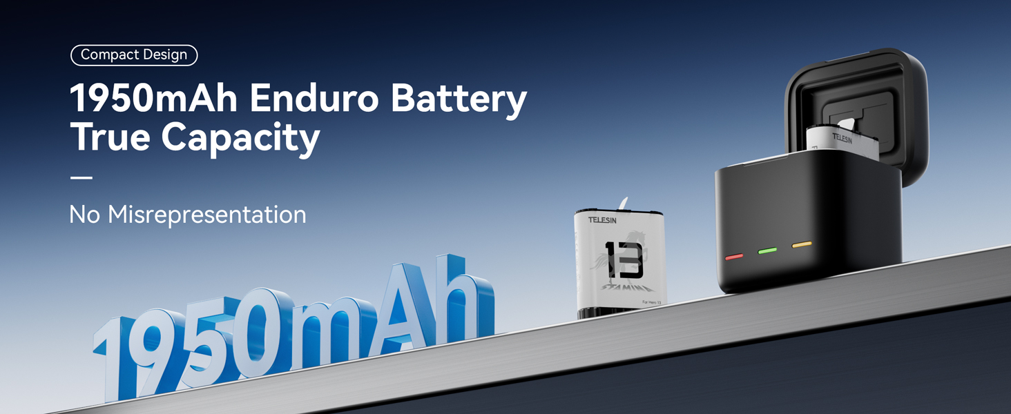 Telesin 2 шт. акумулятори Enduro + зарядний пристрій для GoPro Hero 13 Black. Запасні акумулятори з швидкою зарядкою, сумісні з GoPro 13 Black. Комплект: 2 акумулятори + 1 зарядний пристрій