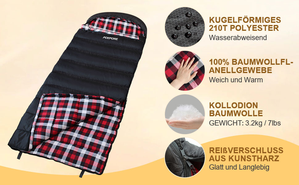 Спальний мішок XXL для дорослих, 3-4 сезони, фланель, для кемпінгу та зимових пригод, чорний, 230x90 см