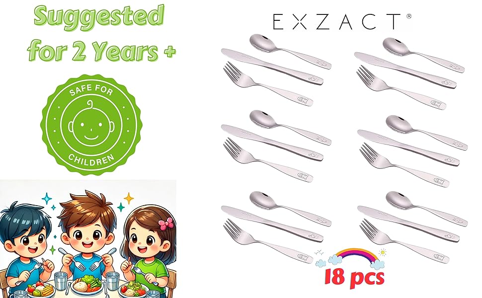 Набір дитячого столового приладдя EXZACT Kinderbesteck Set - 18 предметів з нержавіючої сталі для дітей від 2 років - безпечний, придатний для миття в посудомийній машині, з гравіюванням (6 виделок, 6 ножів, 6 ложок)
