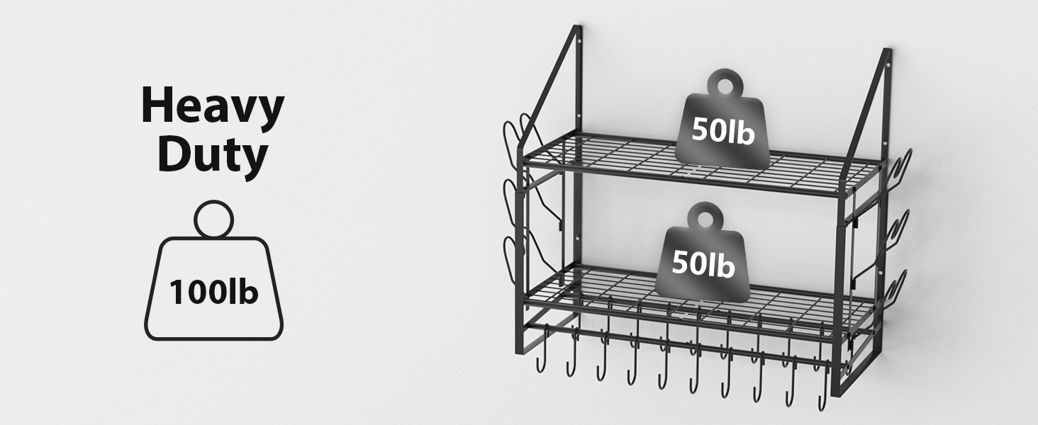 Hanging Pot Rack, 2 Tiers, Pots and Pans Organizer, Wall Mount, with 20 Hooks and 6 Lid Holders, Sturdy Steel Pot and Pan Hanger for Kitchen, Cookware, Utensils