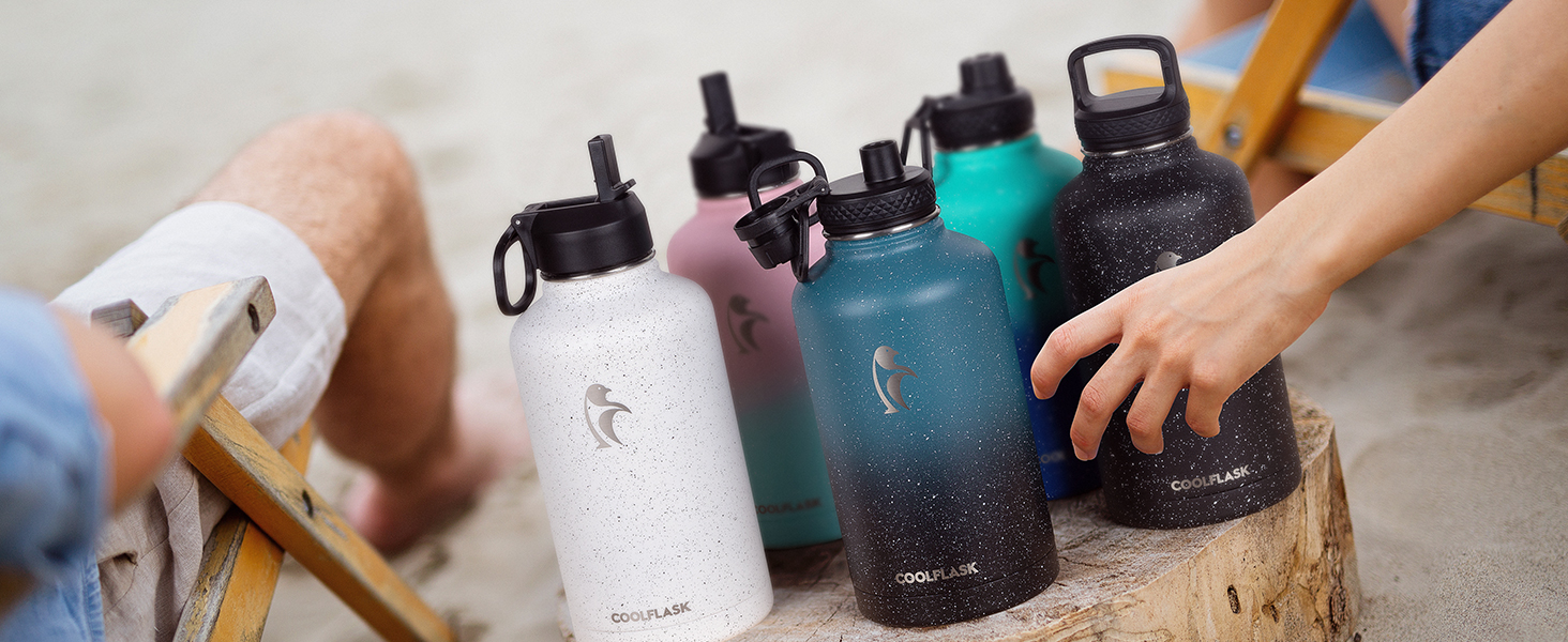 Термос пляшка для води Coolflask 2 л з трубочкою та 3 кришками, ізольована сталева спортивна пляшка з подвійною вакуумною ізоляцією, не протікає, чорна для спорту та офісу