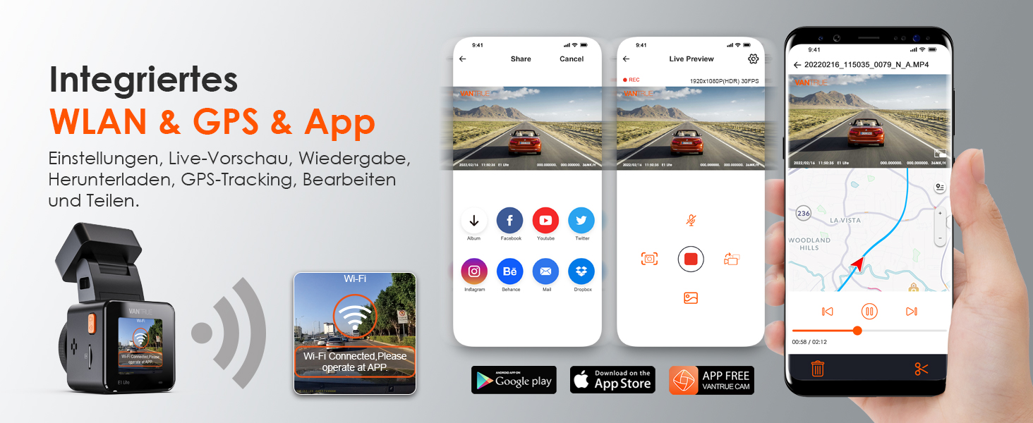 VANTRUE E1 Lite Mini Dashcam: відеореєстратор для авто з WiFi, 1080P HDR, 30fps, GPS, G-Sensor, нічне бачення, паркувальний режим, 160°