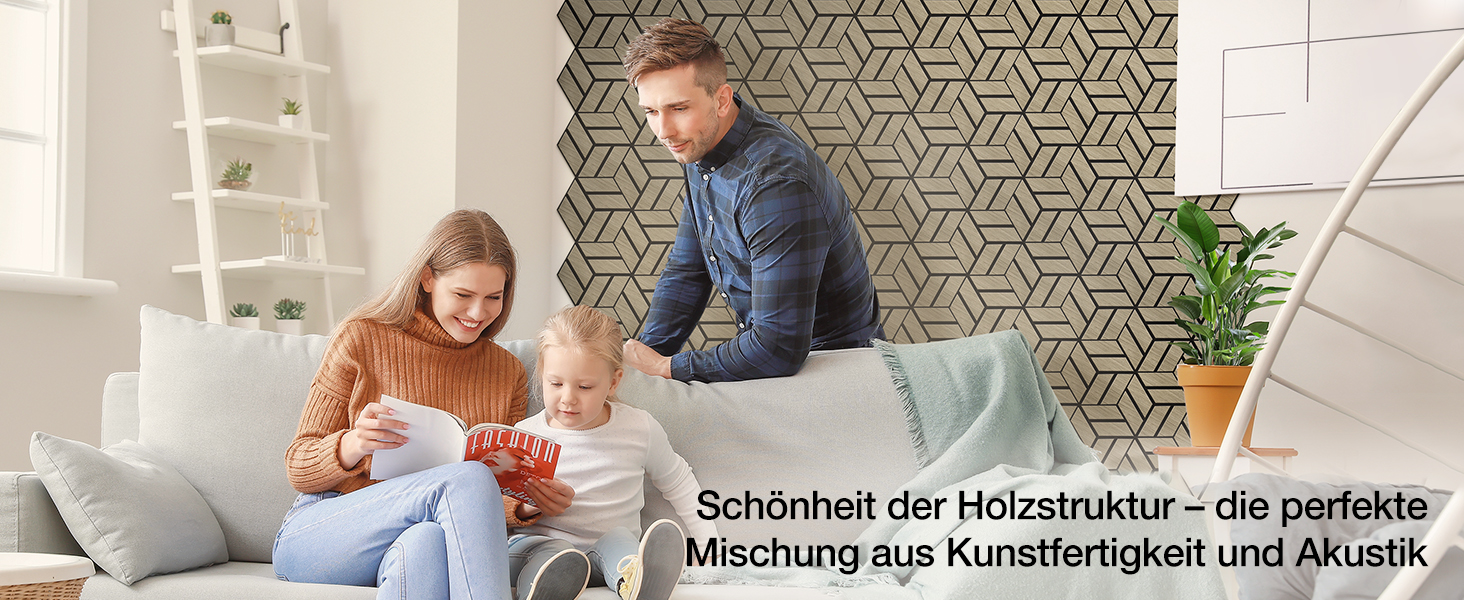 Акустичні настінні панелі JAMELO з шпоном горіха, самоклейні 3D гексагональні панелі для стін та стелі, 30x15x1.2 см, 10 шт, колір горіх