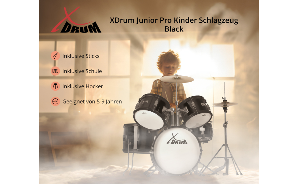 XDrum Junior Pro Kinder барабанний комплект Red - для дітей 5-9 років - з аксесуарами та навчальним посібником (Чорний, Solo)