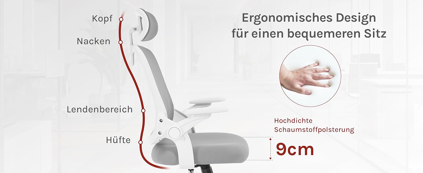 Офісний стілець WOLTU ергономічний з регульованою підголівником та підтримкою попереку, функцією гойдання, для офісу, 150 кг, світло-сірий