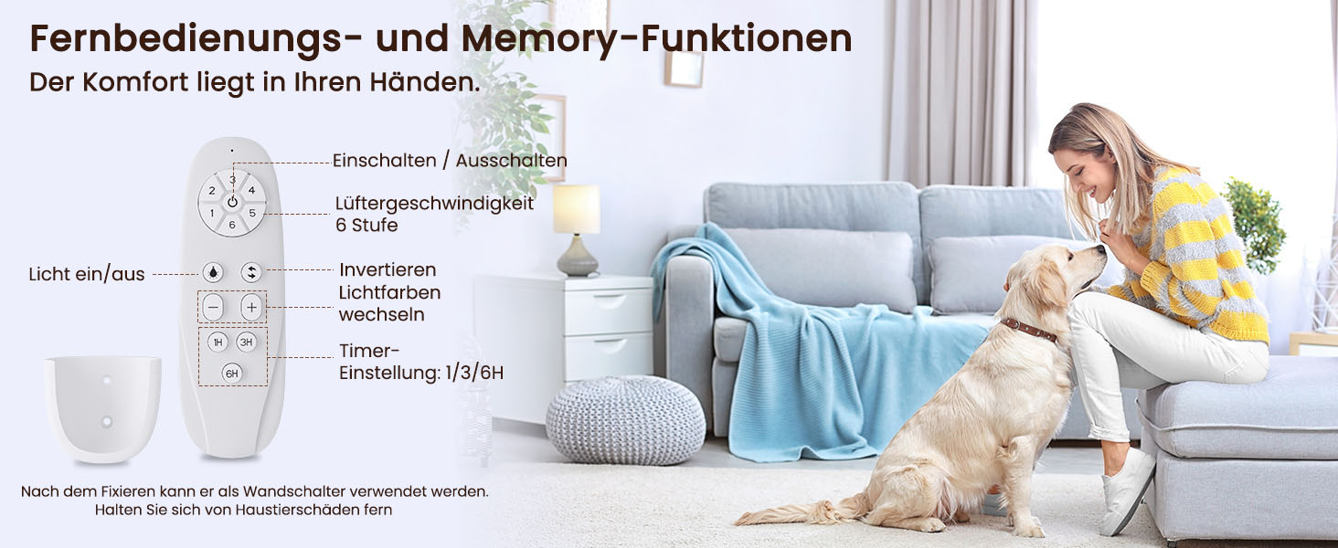 Стеляний вентилятор з дерева з підсвічуванням, 90 см, тихий DC-двигун, 6 швидкостей, пульт з пам'яттю, таймер, 24W LED, регулювання яскравості