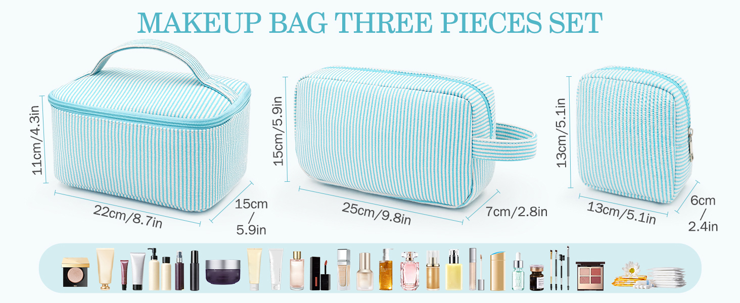 Набір косметичок для жінок: 3 шт. для макіяжу, подорожей та щоденного використання (блакитний)