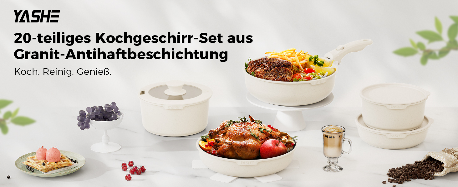 Набір посуду YASHE 20 предметів з антипригарним покриттям, знімні ручки, для індукційних плит, до 230°C, для мийки, можна складати, ідеальний для сімей (Білий)
