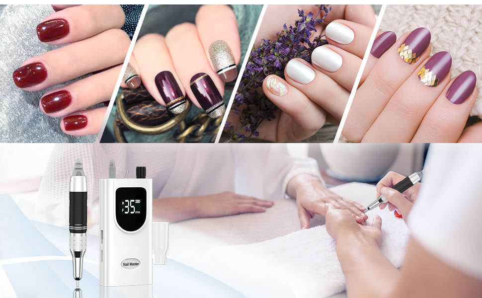 Електричний нагліфрезер Delanie 35000 об/хв для акрилових та звичайних нігтів - акумуляторний, з набором свердел, регулювання швидкості та напрямку (білий)