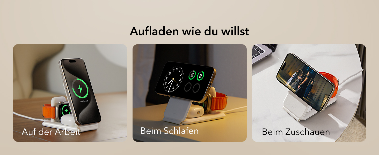 Зарядний станція 3-в-1 ESR для Apple Watch та iPhone з MagSafe, складана, з чохлом (білий)