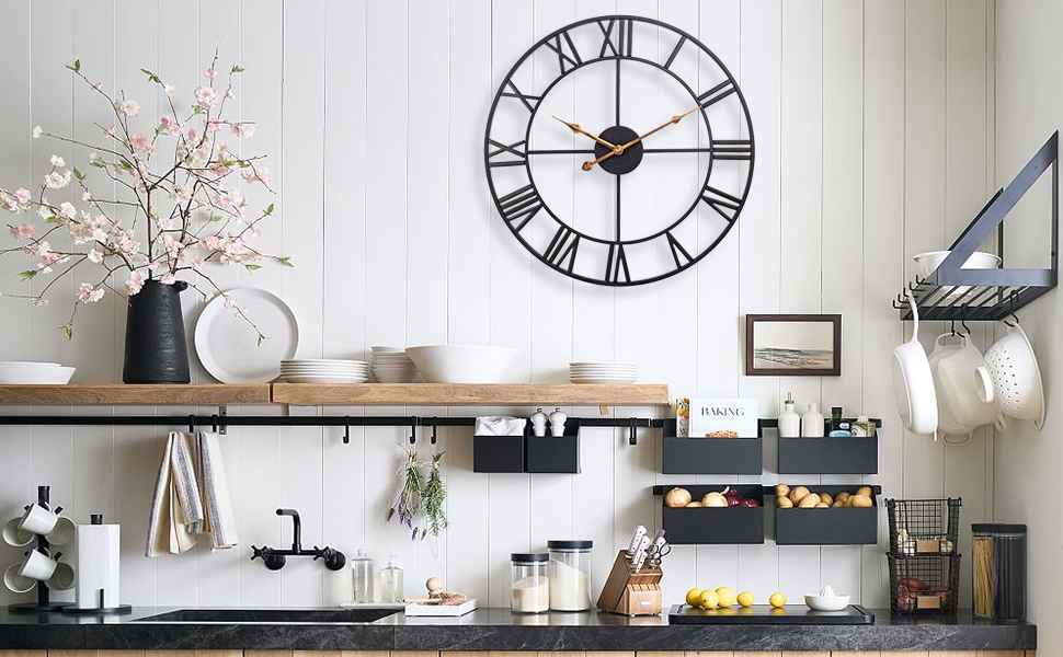 Large Wall Clock, European Industrial Vintage Wall Clock with Roman Numerals, Silent No Ticking Sounds Metal Wall Clock, Decorative Wall Clock for Living Room, Kitchen, Bedroom - 35cm, Black
