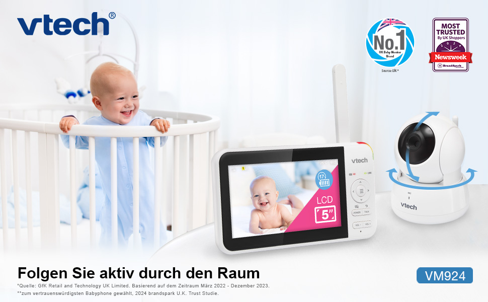 Відеоняня Vtech VM901-1W з Wi-Fi, 5-дюймовий HD-дисплей, поворотна камера 1080P, мобільний додаток, широкий кут огляду 120°, сумісна з iOS та Android