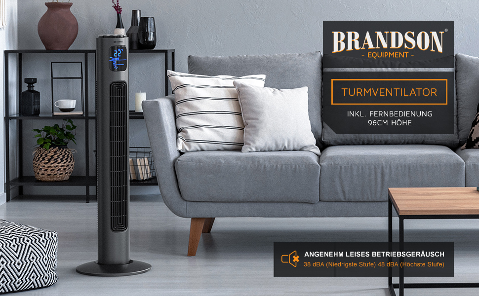 Вентилятор торгової марки Brandson з дистанційним керуванням, діаметром 96 см, преміум-якість (лауреат 2025 року), мобільний, тихий, підлоговий з осциляцією, 3 швидкості, 3 режими, таймер, сертифікат GS, колір: сірий