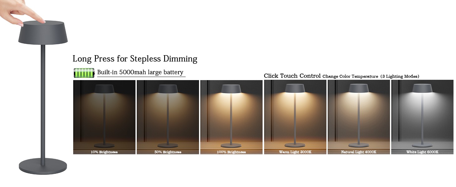 Світлодіодний акумуляторний настільний світильник Klighten з димером, сенсорний, металевий, алюмінієвий, IP54, перезаряджуваний, тепле біле світло 3000K, антрацит