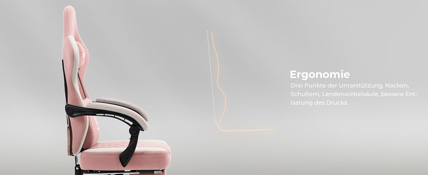 Ігровий крісло Dowinx з тканини, масажний крісло з підніжкою, ергономічне, для PC, геймінгу, офісу, 150 кг, рожево-білий