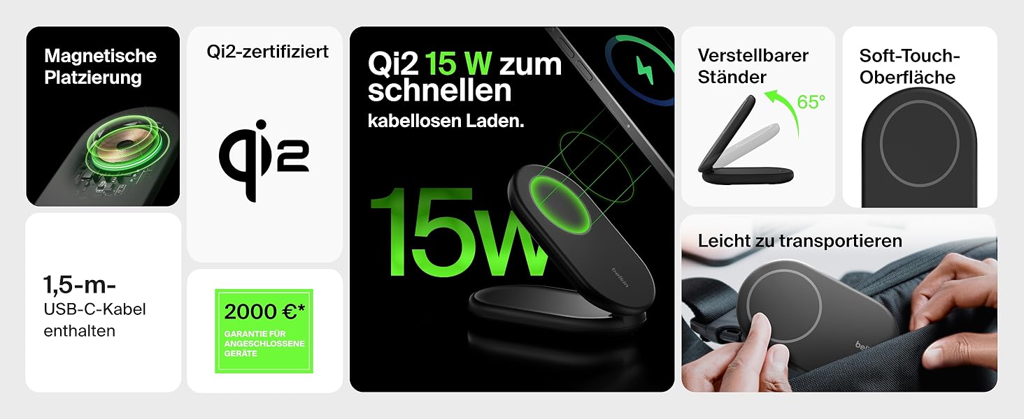 Belkin BoostCharge: Бездротовий зарядний пристрій з магнітним кріпленням Qi2, 15 Вт, сумісний з MagSafe для iPhone 17, Air, 16, 15, 14, 13, 12, Pixel, з функцією підставки – Чорний
