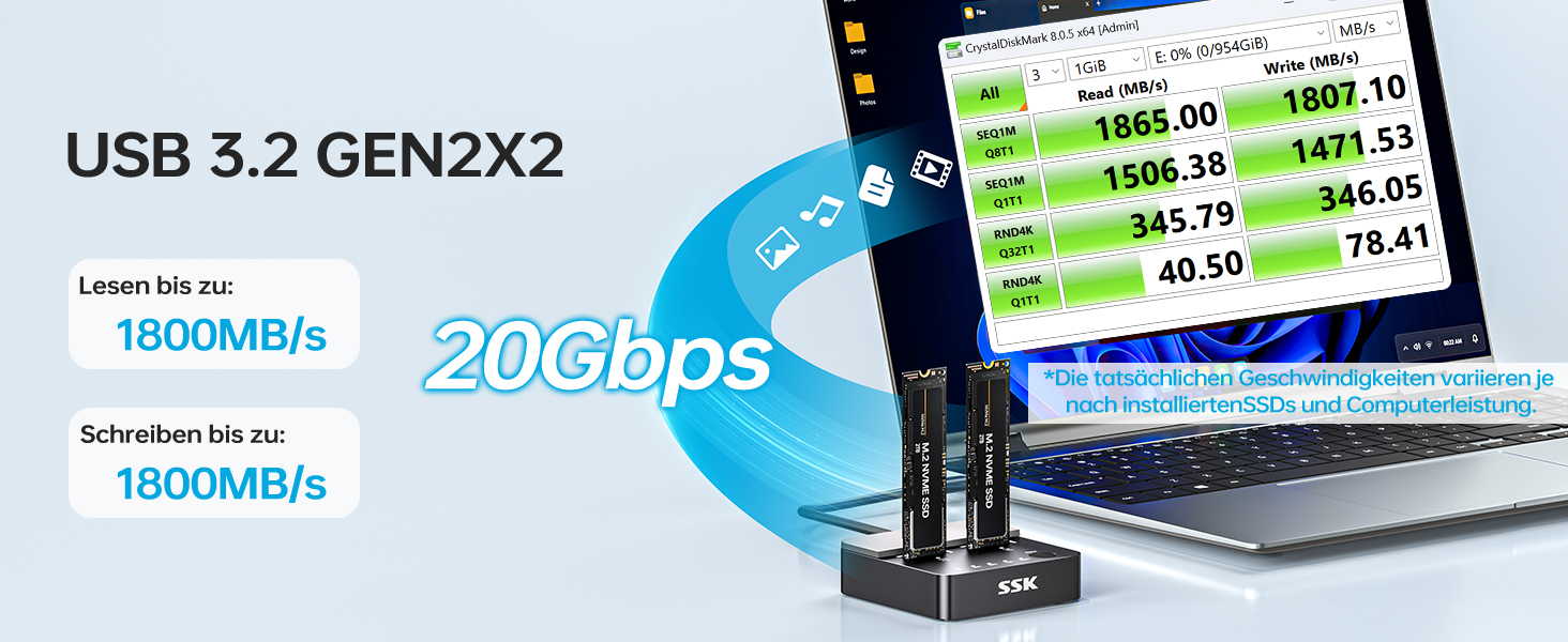 Док-станція для SSD NVMe M.2 (Dual Bay) SSK - 20Gbps, USB 3.2 Gen 2X2, Клонування, для ПК